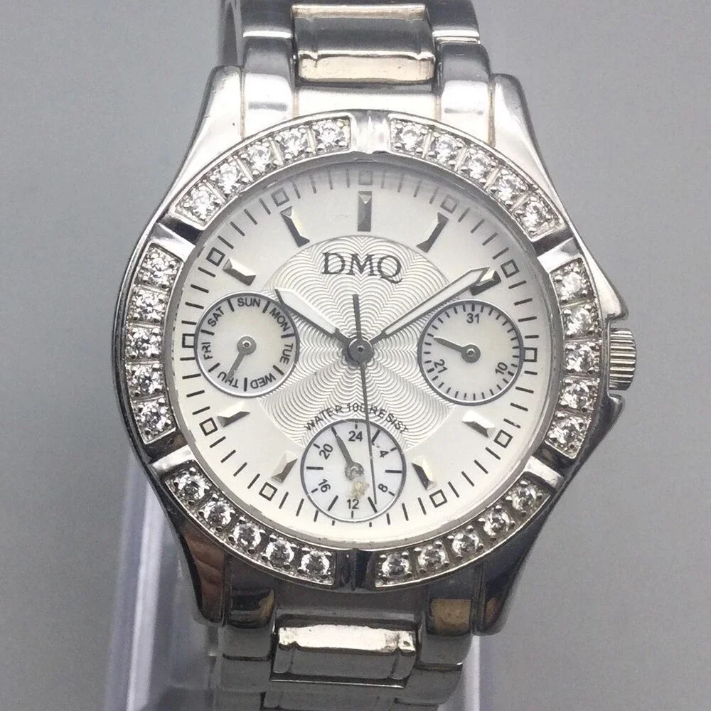 DMQ DQ/1067 Womens Watch 33mm Silver Tone Crystals Bracelet New Battery 6